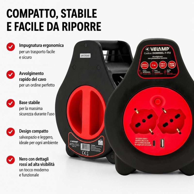 Avvolgicavo Elettrico 7 Metri con 2 Prese e 2 Porte USB Velamp DOMREEL-7-FRU