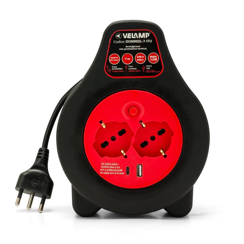 Avvolgicavo Elettrico 7 Metri con 2 Prese e 2 Porte USB Velamp DOMREEL-7-FRU