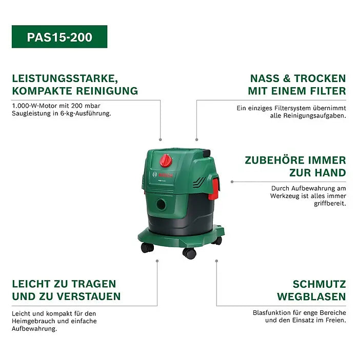 Aspiratore Universale a Secco e Liquidi 1000 W 15 L con Funzione Soffiante Bosch PAS15-200