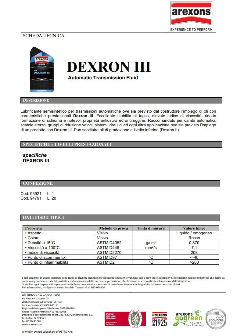 Olio per trasmissioni automatiche ATF Dexron III 1 litro Arexons