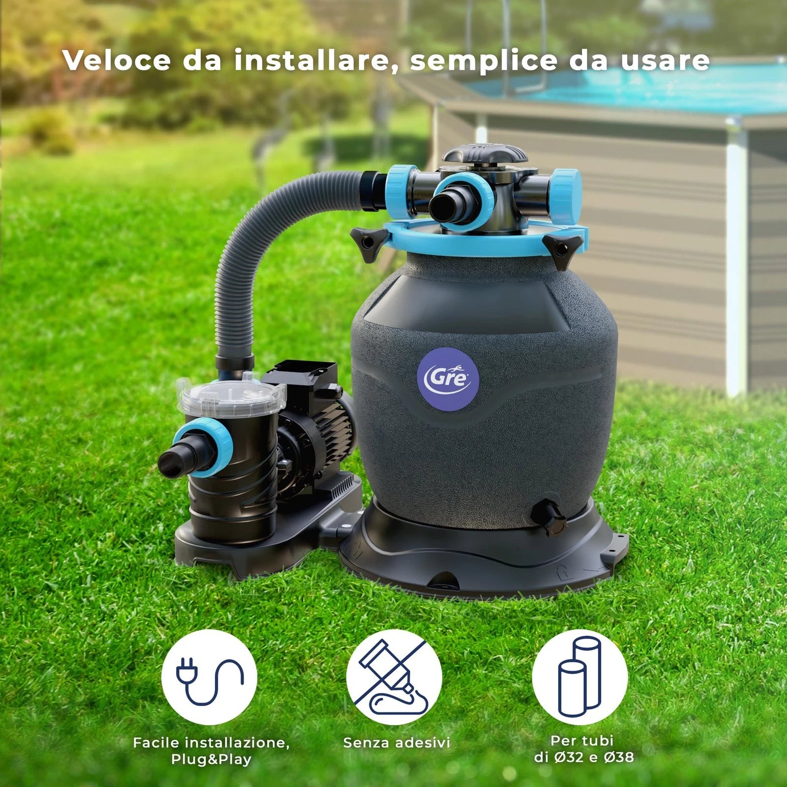 Pompa filtro a sabbia 6000 l/h con prefiltro per piscine fuori terra Gre