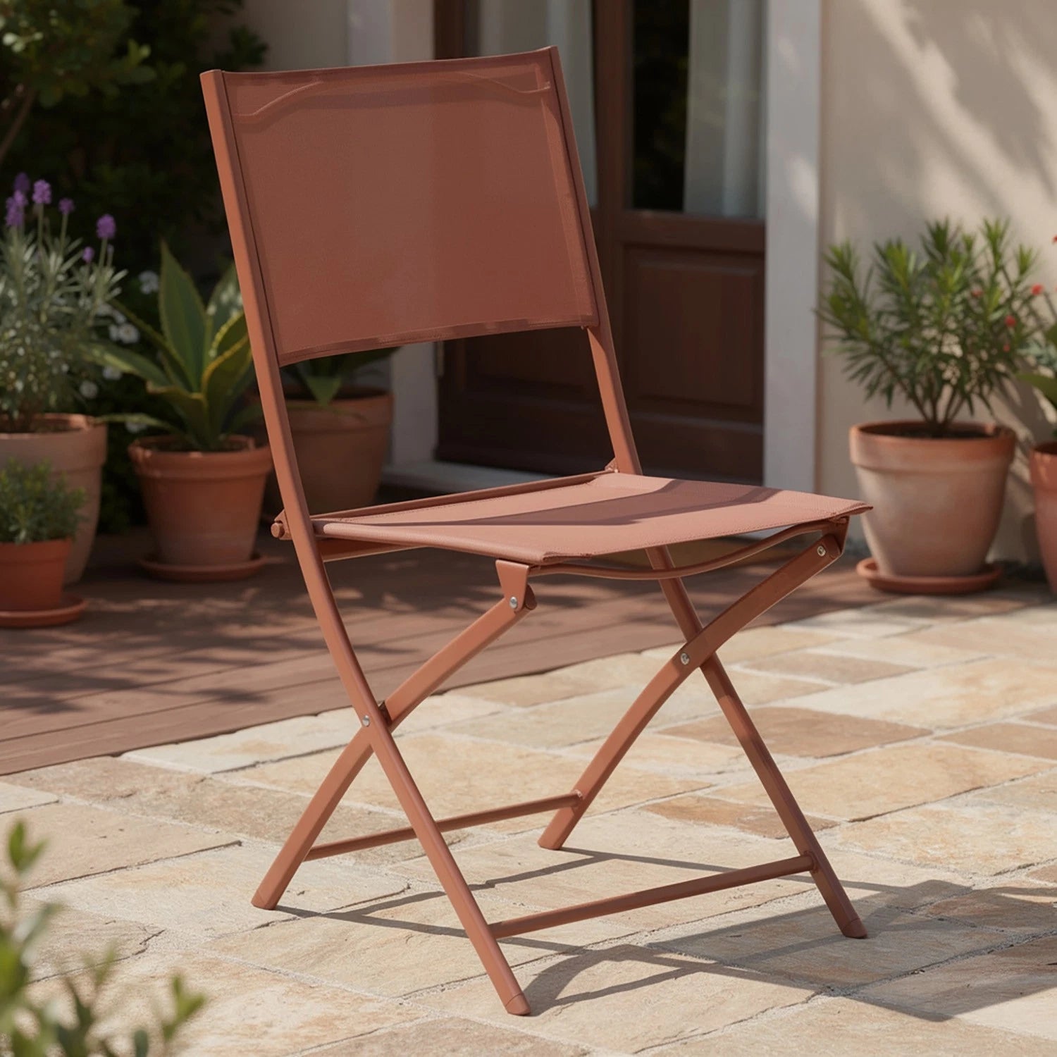 Sedia da Giardino Pieghevole Kasanova Modula Marrone Mogano, Salvaspazio in Acciaio e Texaline | 46x52x87 cm