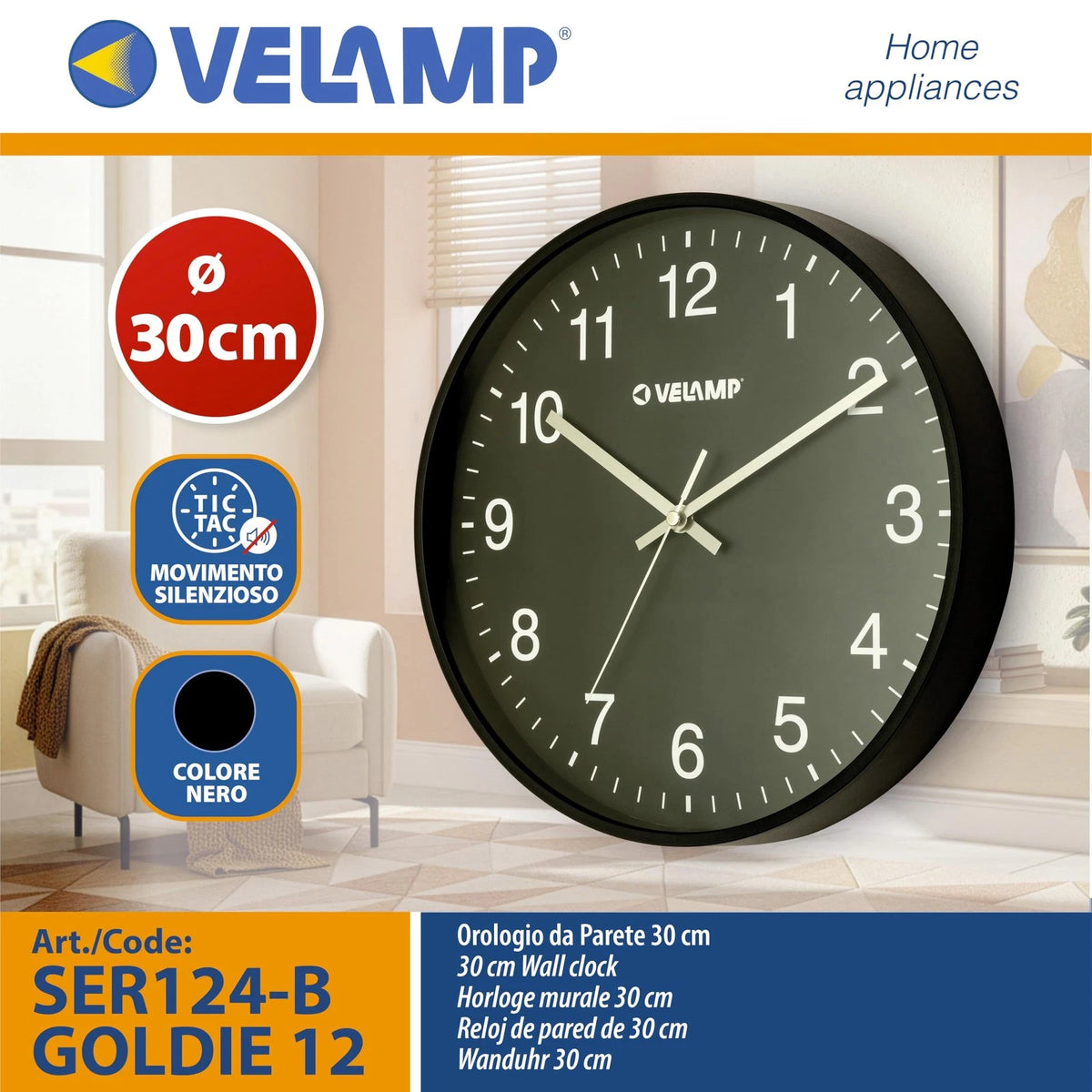 Orologio da Parete al Quarzo Rotondo 30 cm Nero Velamp SER124-B