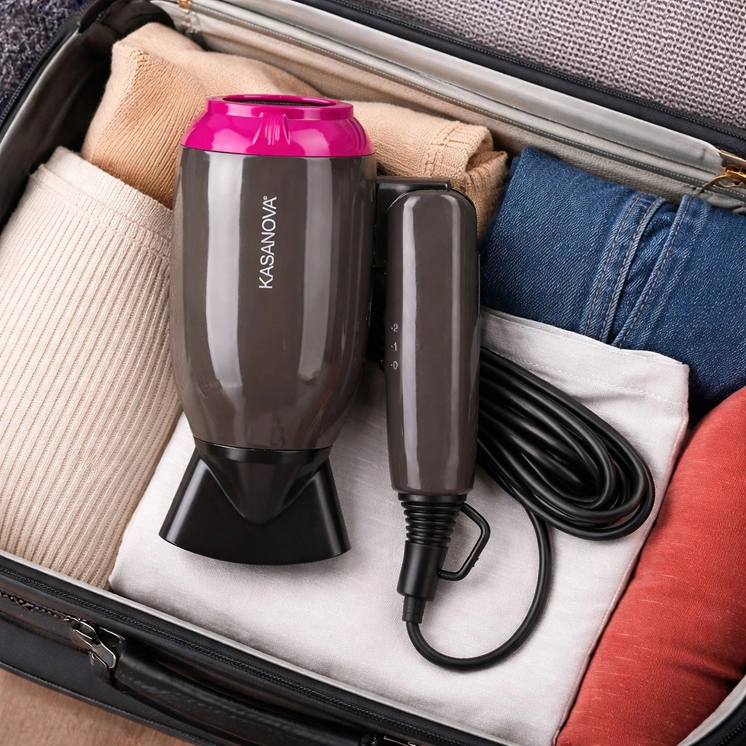 Asciugacapelli da viaggio pieghevole Kasanova 1400W grigio compatto 2 velocità