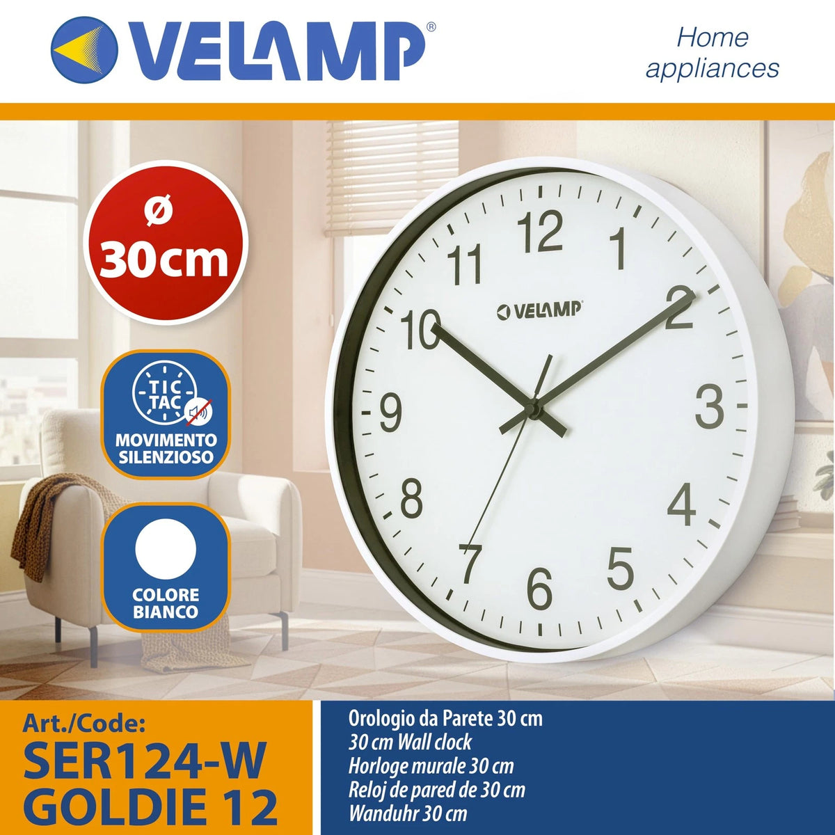 Orologio da Parete al Quarzo Rotondo 30 cm Bianco Velamp SER124-W