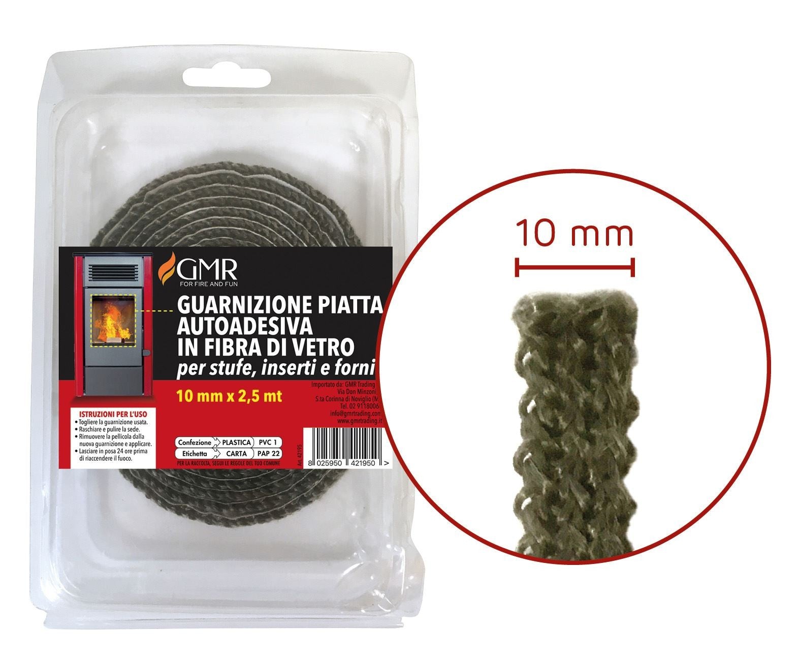 Guarnizione piatta autoadesiva 10mm fibra di vetro per stufe