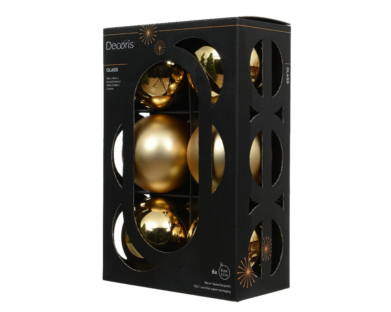 Box 6 Palline di Natale in Vetro D.8cm Colore Light Gold (Oro Chiaro) | Confezione EcoBox Kaemingk