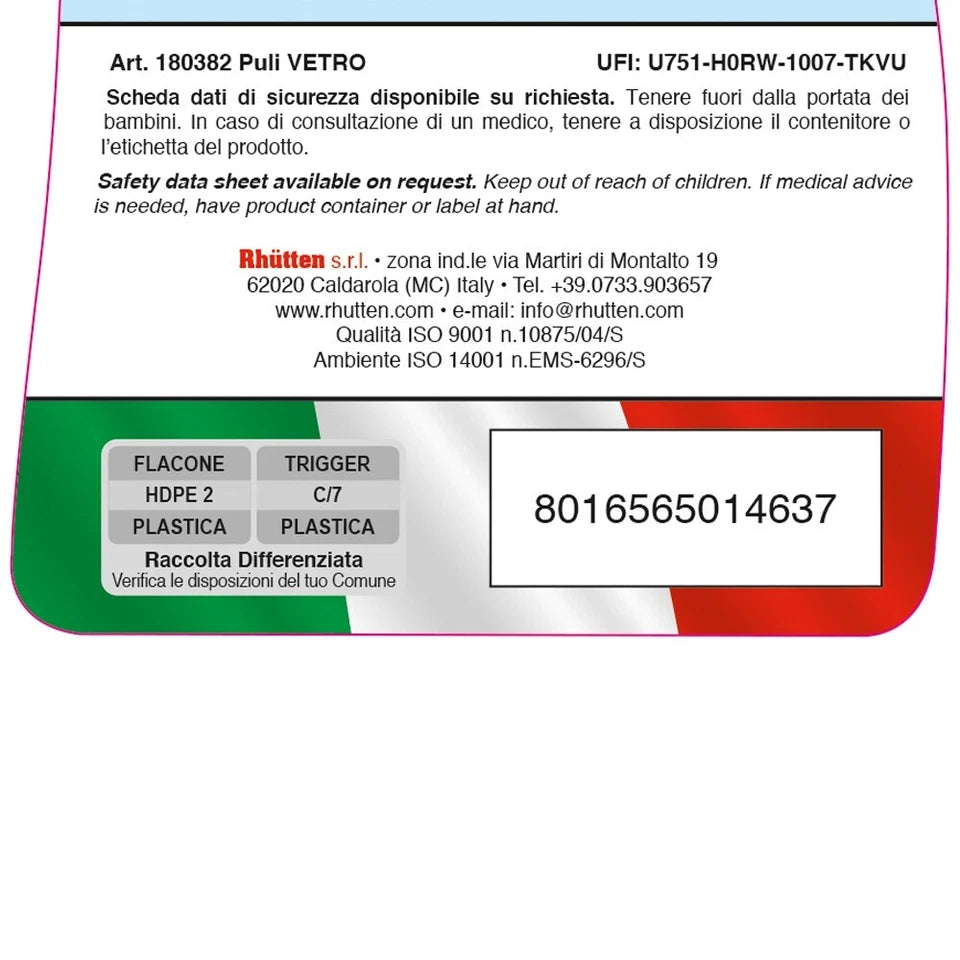 Rhütten Pulivetro Antipioggia 750 ml Detergente Idrorepellente per Vetri Auto