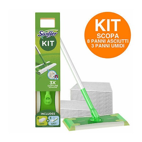 Scopa swiffer kit completo con 8 panni dry e 3 wet Swiffer